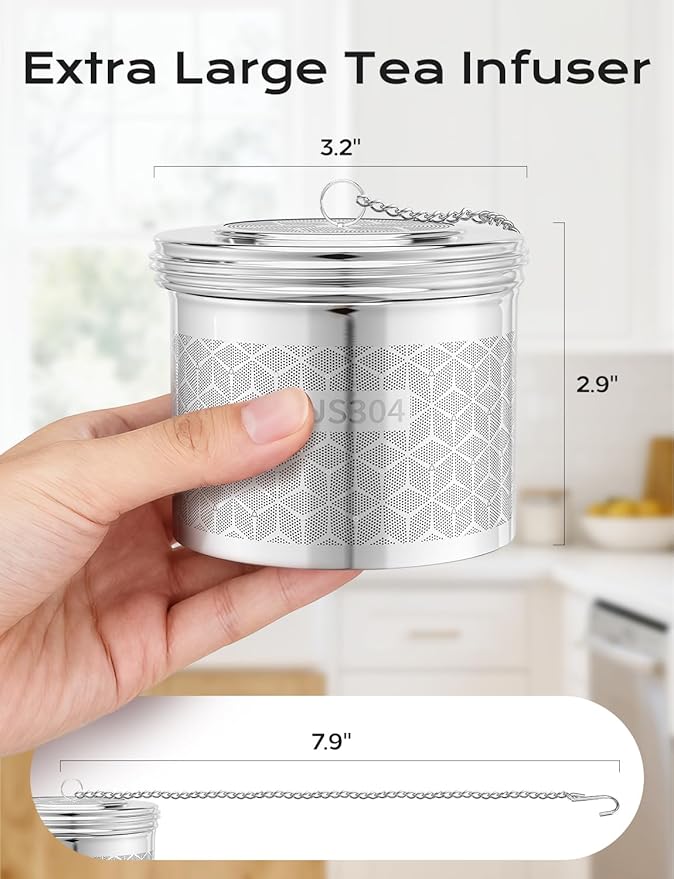 Large Tea Infuser & Strainer, Spice Infuser - Extra Fine Mesh for Loose Leaf Tea, 304 Stainless Steel with Long Chain & Threaded Lid