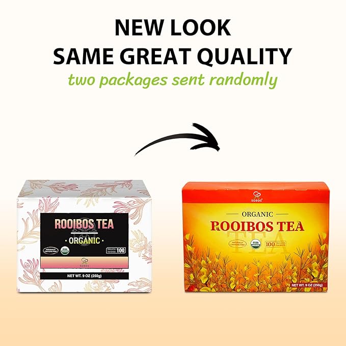 Soeos Organic Rooibos Tea, 9oz (250g), 100 Tagless Tea Bag, Naturally Caffeine Free, USDA Organic.