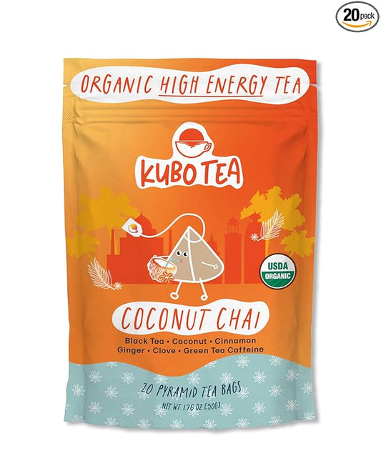 High Caffeine Tea (155 mg) - Kubo Tea: Organic Coconut Chai Black Tea Bags for Clean Energy & Focus | Healthy Coffee Substitute | Spiced Caffeine Blend | 20 Ct | Compostable Packaging
