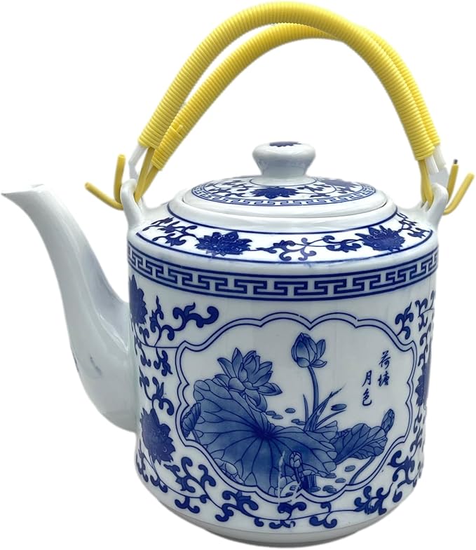 Large Teapot Blue and White Tea Pot Porcelain 66 OZ Floral (lotus)