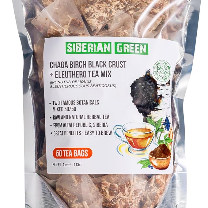 Siberian Green Chaga Tea with Siberian Ginseng Root – 50Pcs Equal Ratio Natural Pure Tea Bags with Chaga Eleuthero Mix – Non-GMO