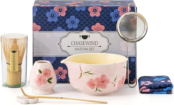 Matcha Whisk Set, 7Pcs Matcha Set with Hand-Painted Ceramic Matcha Bowl, Matcha Whisk and Holder, Scoop and Rest, Sifter, Tea Towel, Artisan Matcha Kit for Ceremony & Gifting (Pink)