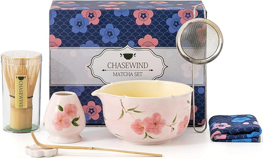 Matcha Whisk Set, 7Pcs Matcha Set with Hand-Painted Ceramic Matcha Bowl, Matcha Whisk and Holder, Scoop and Rest, Sifter, Tea Towel
