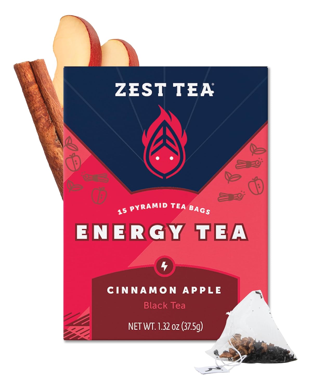 Zest Cinnamon Apple Spice Energy Tea – High Caffeine Black Tea Bags for Focus, Clarity &amp; Morning Energy – Natural Non-GMO Caffeinated Breakfast Tea – Cozy Fall Focus Tea with 150mg Caf – 15Ct Box