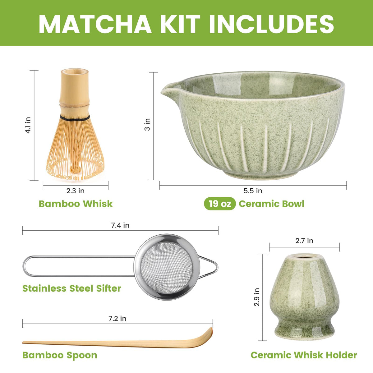 Farielyn-X Matcha Whisk Set, Japanese Tea Set (5pcs) includes Matcha Bowl with Spout (19 oz), Bamboo Whisk, Matcha Scoop