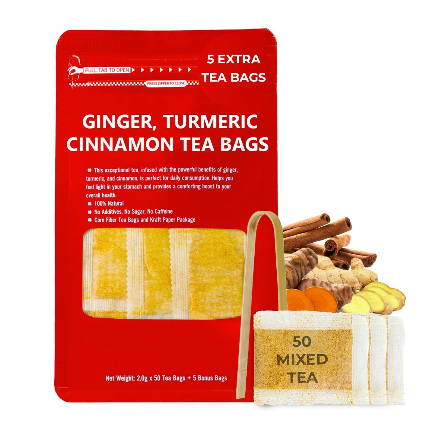 Ginger Turmeric Cinnamon Tea Bags, 55 Count, Bamboo Tong Included, 5.47 oz