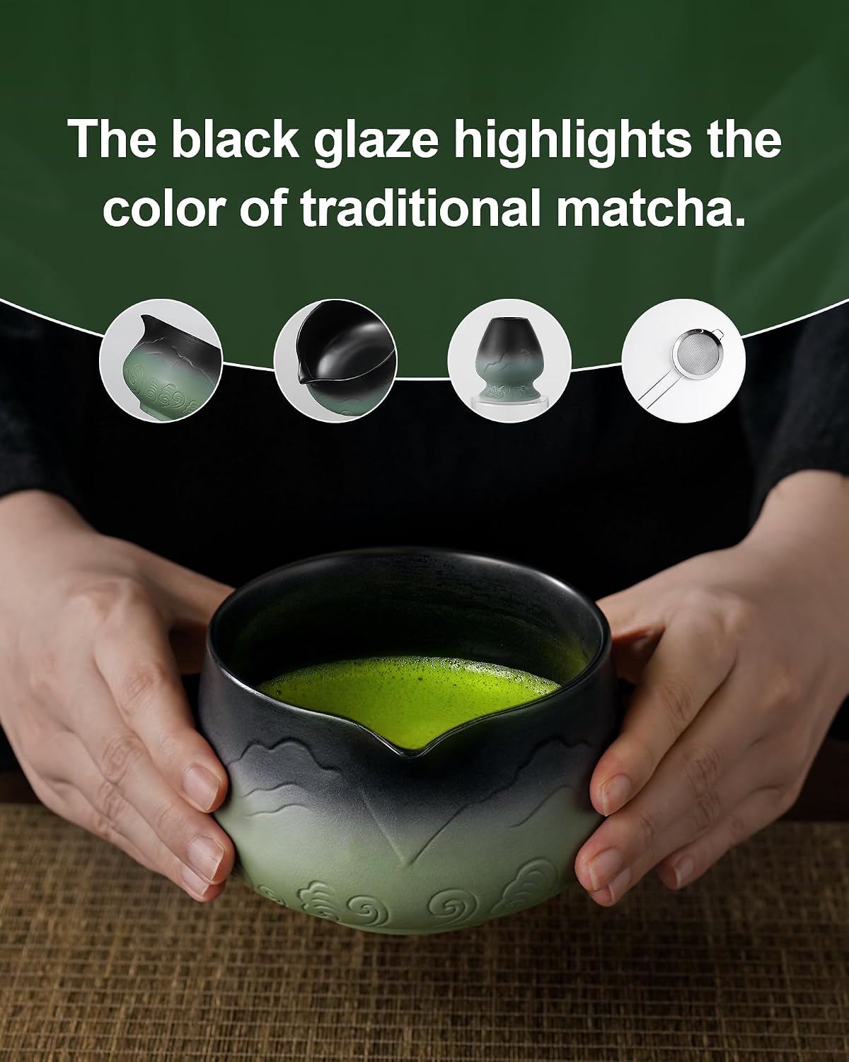ZENS Premium Matcha Whisk Set, 5pcs Matcha Kit with Matcha Tools, Green | Matcha Kit Icludes Matte Ceramic Bowl, Bamboo Whisk, Chasen Holder, Scoop, 304 Sifter and Tea Mat, Matcha Lovers Gifts