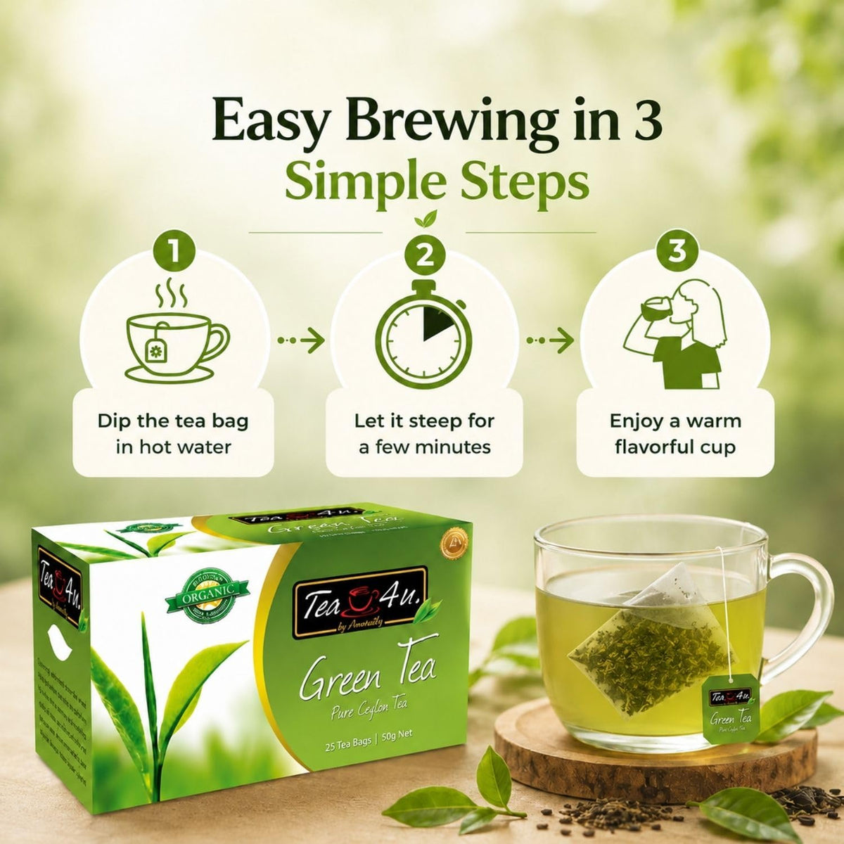 Tea4U Organic Ceylon Green Tea Bags - Handpicked Tea Leaves - 25 Count