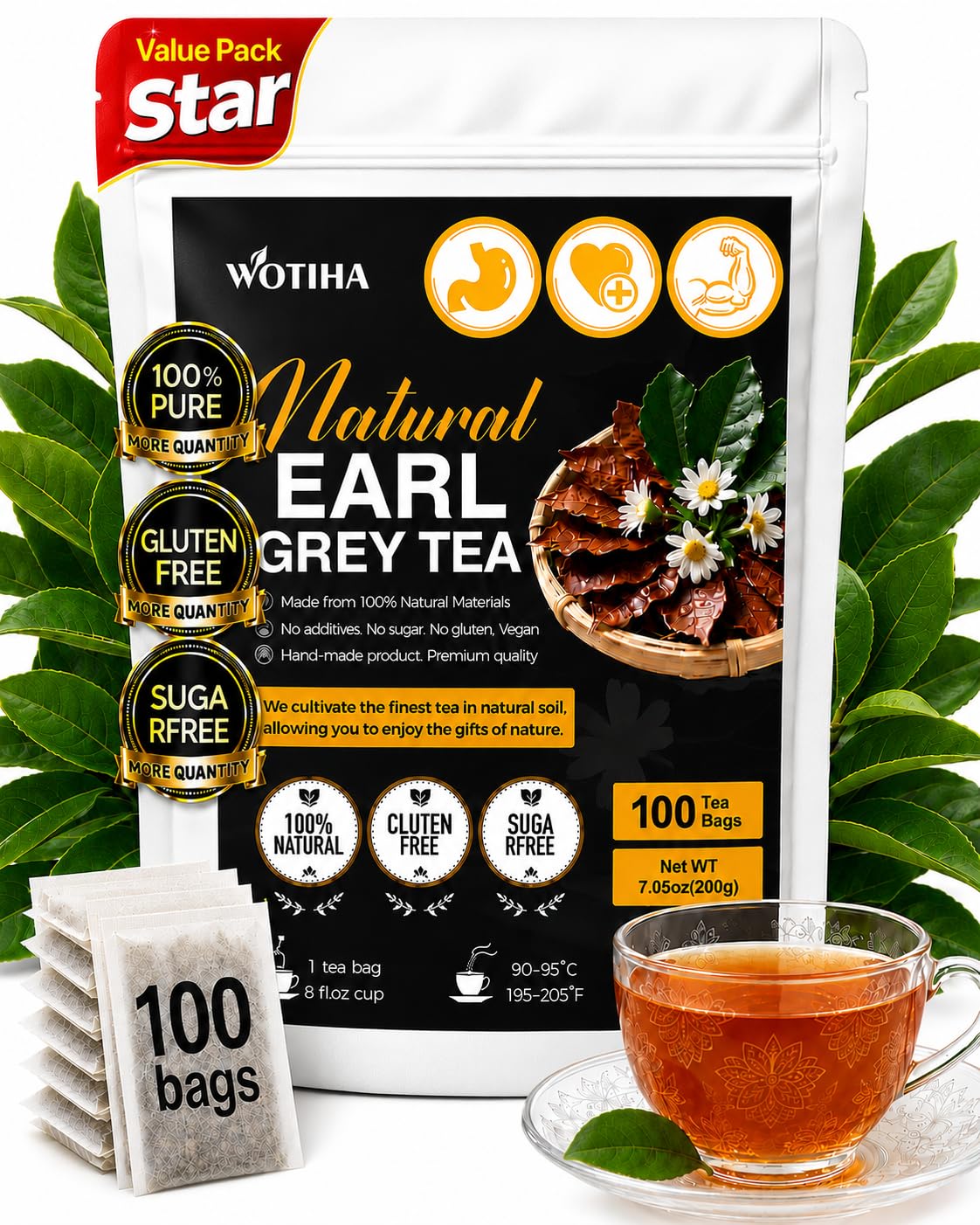 Natural earl grey Black tea 200g. 100 tea bags 100% natural earl grey tea loose leaf Tea.Additive-Free• Sugar-Free • Vegan