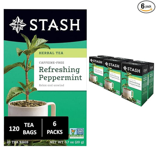 Stash Tea Peppermint Herbal Tea - Naturally Caffeine Free, Non-GMO Project Verified Premium Tea with No Artificial Ingredients, 20 Count (Pack of 6) - 120 Bags Total