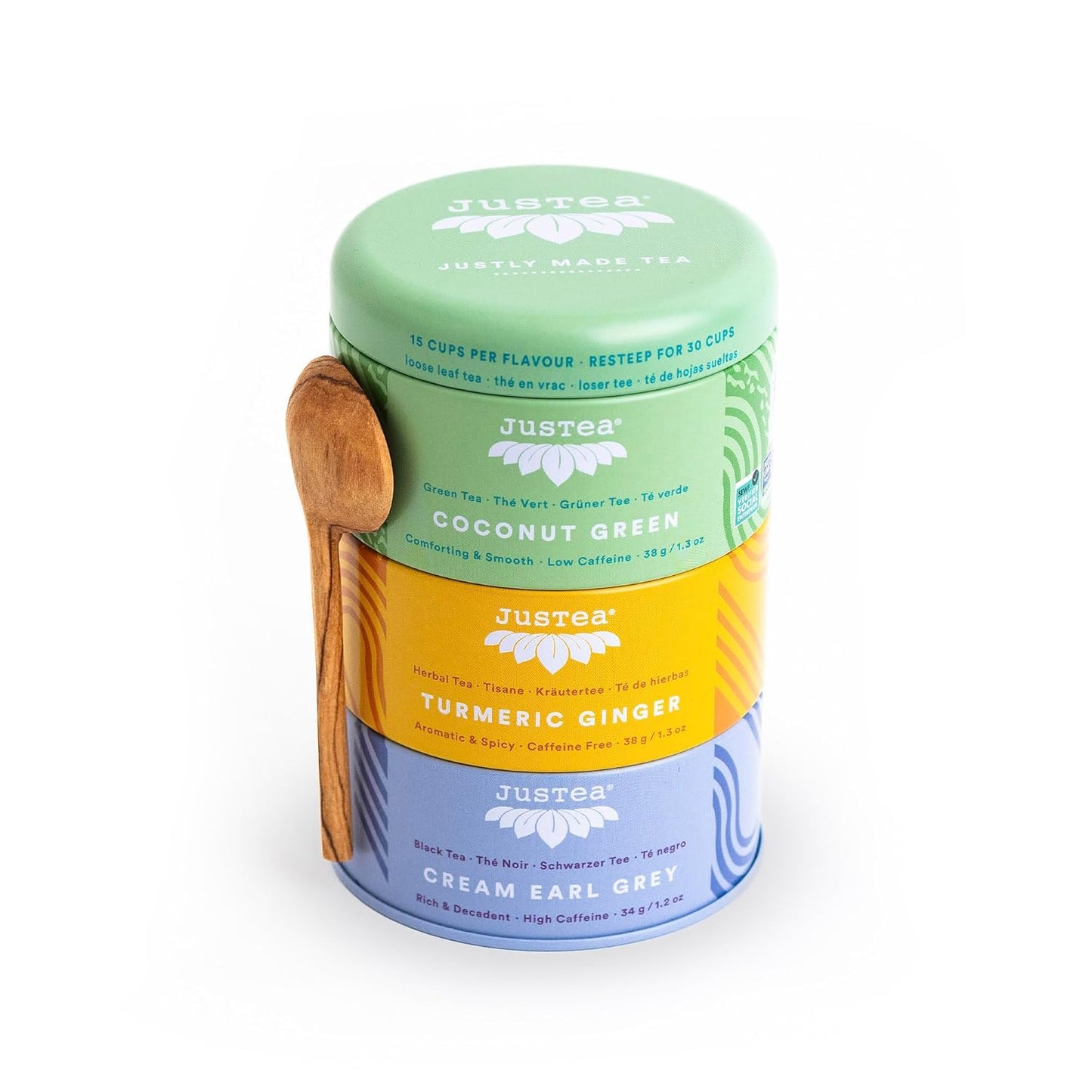 JusTea ASSORTED TEA TRIO 3 Flavour Variety Pack, 45+ Cups Tin with Spoon | Fair-Trade ASSORTED TEA TRIO. 3 Loose Leaf Teas in Stacking Tins with a Hand-carved Tea Spoon, 110g/3.9oz. Variable Caffeine