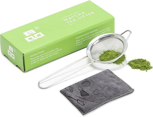 TANG PIN Matcha Sifter, Matcha Strainer and Tea Towel, Stainless Steel Sieve Sifter with Handle, Small Metal Strainer for Matcha, Juice, Drink, Herbs, Mini Sifter for Flour, Kitchen, Baking, Silver
