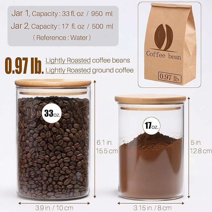 33+17 oz Glass Food Storage Jars with Airtight Lids, Clear Glass Jar with Bamboo Lid, Airtight Food Canister for Tea, Candy, Coffee, Sugar, Cookie
