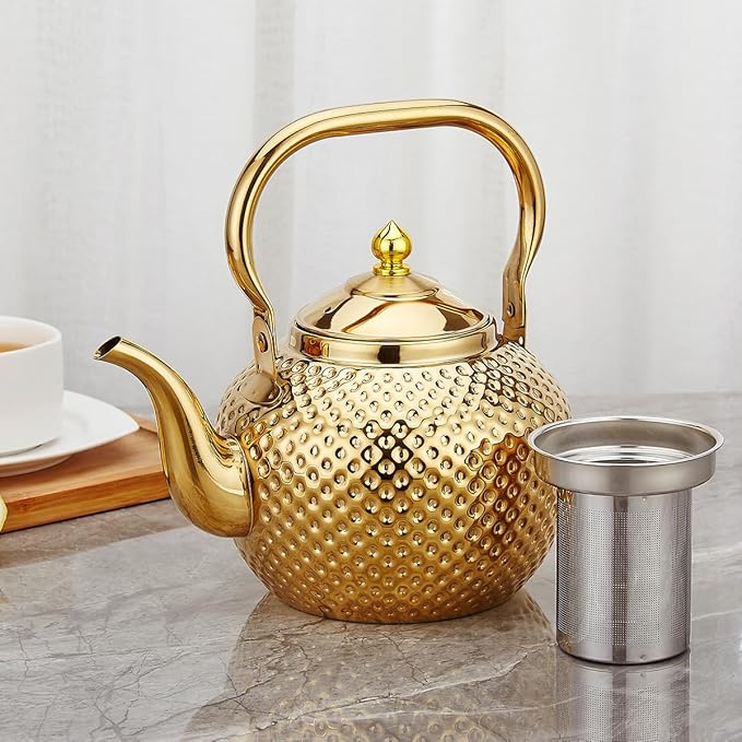 Sanqiahome 2000ml teapot with Infuser stainless steel Water Boilers lifting handle Tea Maker Water Kettle for Induction/Gas gold