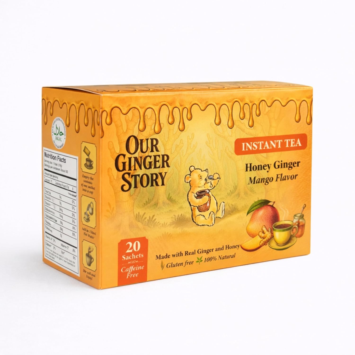 Premium Honey Ginger Instant Tea Crystals, Mango Flavor, 20 Sachets, Real Ginger, Real Honey, Pure Cane Sugar, Caffeine Free, Hot Or Cold Single Serve Drink Mix