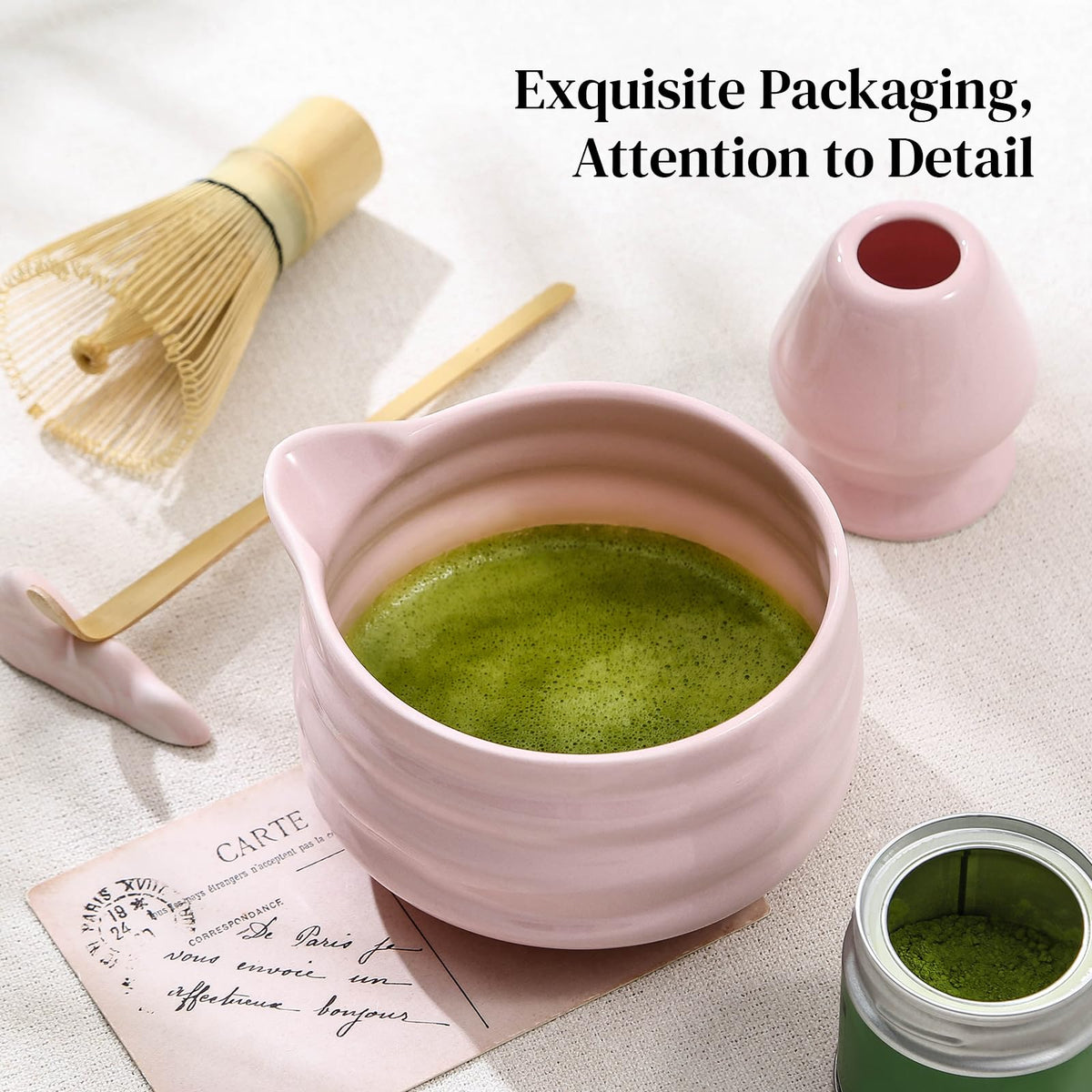 DOWAN Matcha Whisk Set, 7 Pcs Matcha Set Includes Bowl with Spout, Whisk and Holder, Bamboo Scoop and Holder, Sifter and Tea