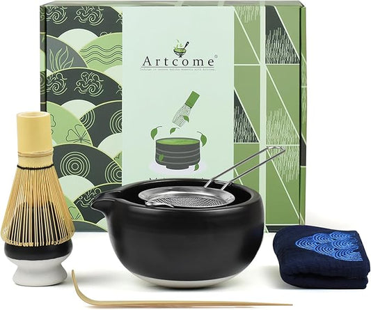 Artcome 7 Pcs Complete Matcha Ceremony Kit for Tea Ceremony, Bowl with Pouring Spout, Whisk, Tea Scoop, Matcha Powder Strainer, Matchatools For Making Usucha, Koicha and Matcha Latte (Black)