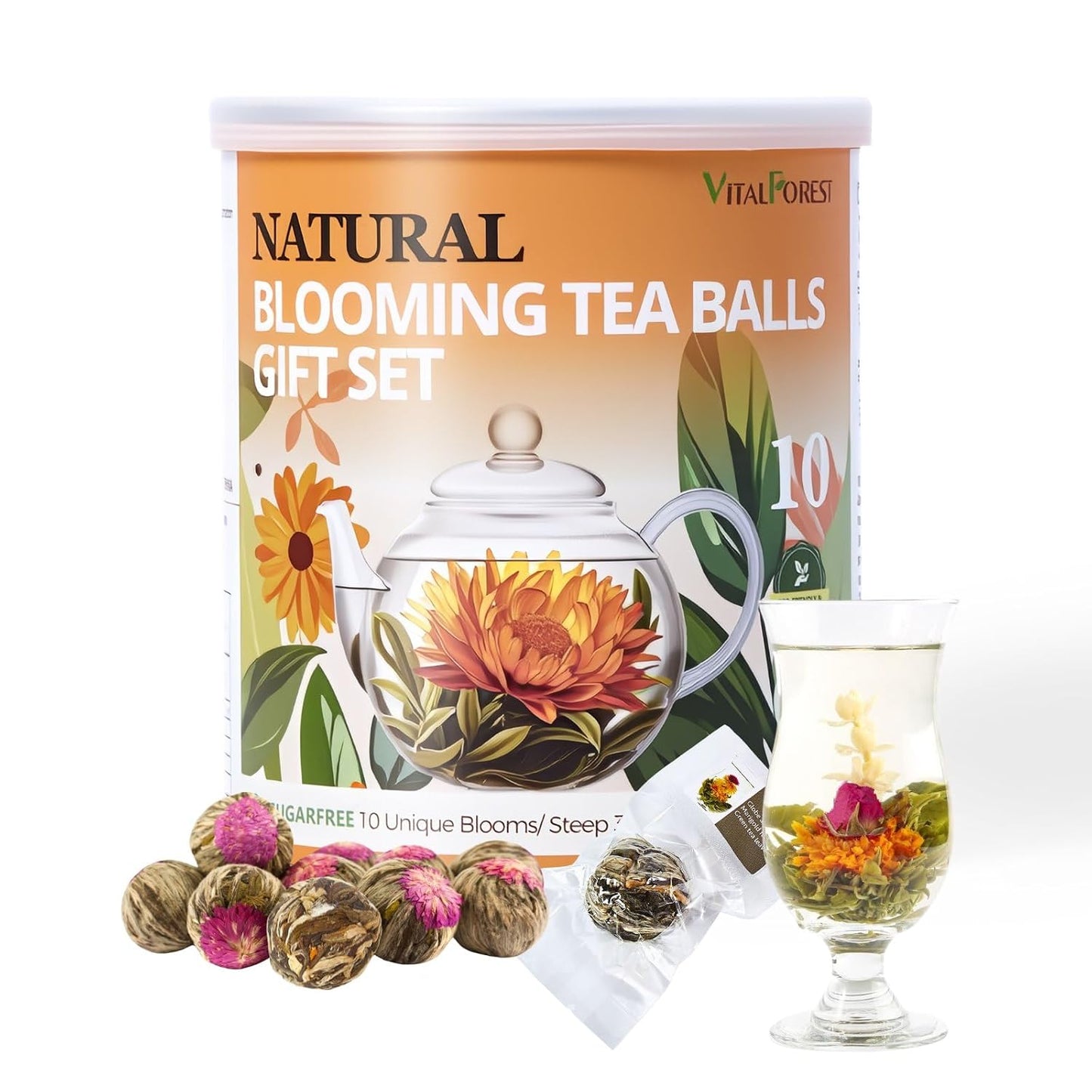 Blooming Tea Gift Set, 10 Unique Varieties Flowering Tea Balls, VitalForest Individual Packing Handmade Blooming Green Tea with Flowers for