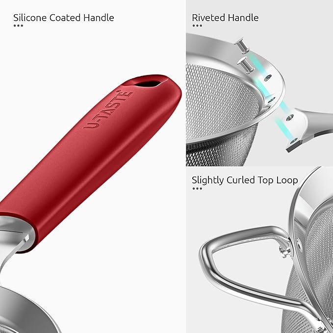 18/8 Stainless Steel Mesh Strainer: U-Taste 5.5 Inch Kitchen Fine Mesh Sieve Food Colander with Riveted Sturdy Silicone Handle and 30 Mesh Hole for Straining Flour, Pasta, Fruit, Quinoa (Red)