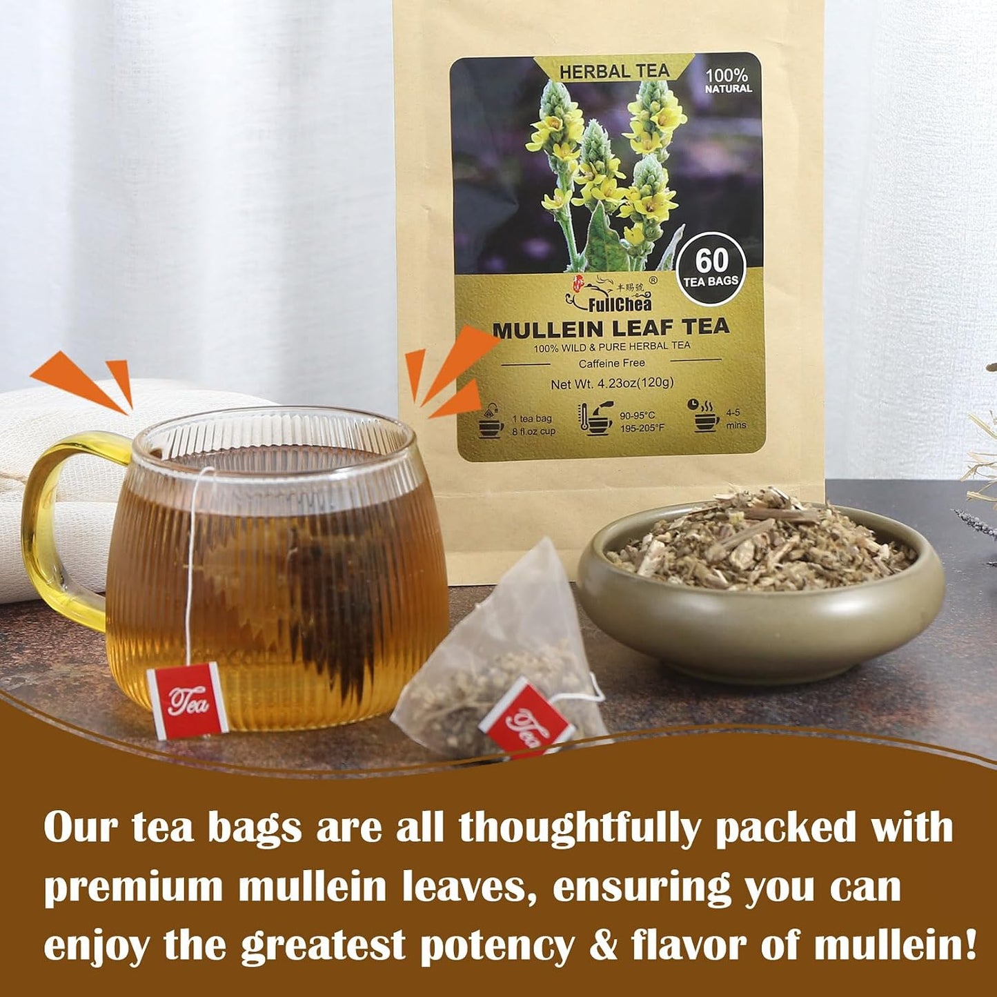 FullChea Mullein Leaf Tea Bags, 2g X 60 Count, Big &amp; Resealable Pack