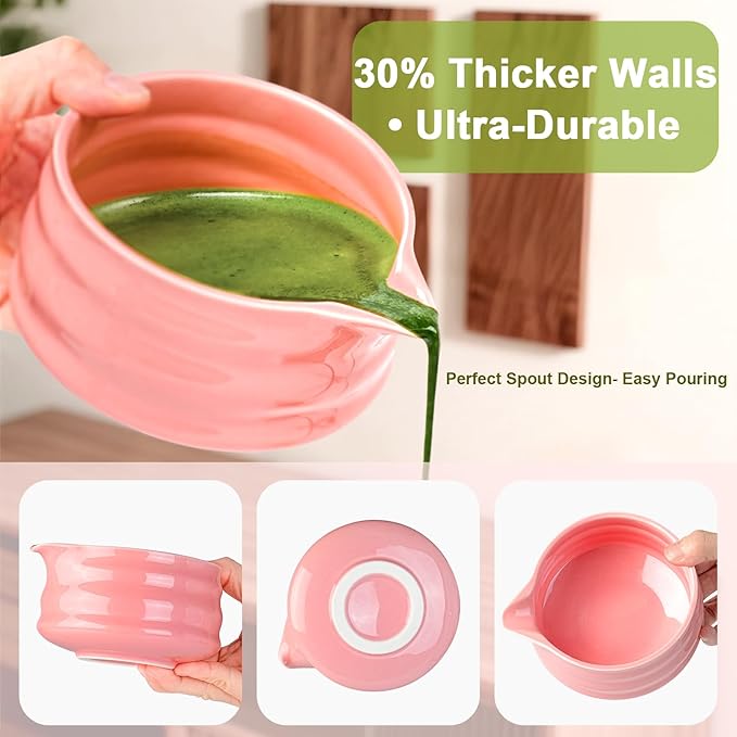 Artisan Ceramic Matcha Set, 7Pcs Japanese Matcha Whisk Kit with Playful Pink Glaze Bowl, Bamboo Chasen & Sifter - Elegant Tea Ceremony Gifts for Women, Premium Home Essentials (Pink)