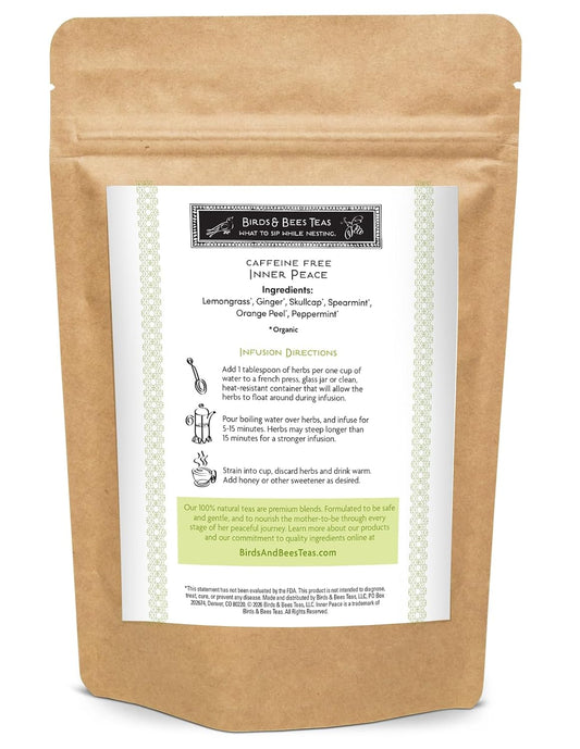 Birds &amp; Bees Teas - Inner Peace Tea is a pregnancy nausea tea - Loose Leaf Blend with Lemongrass, Skullcap, Ginger, Spearmint, Orange Peel, and Peppermint, 40 Servings, 3.2 oz
