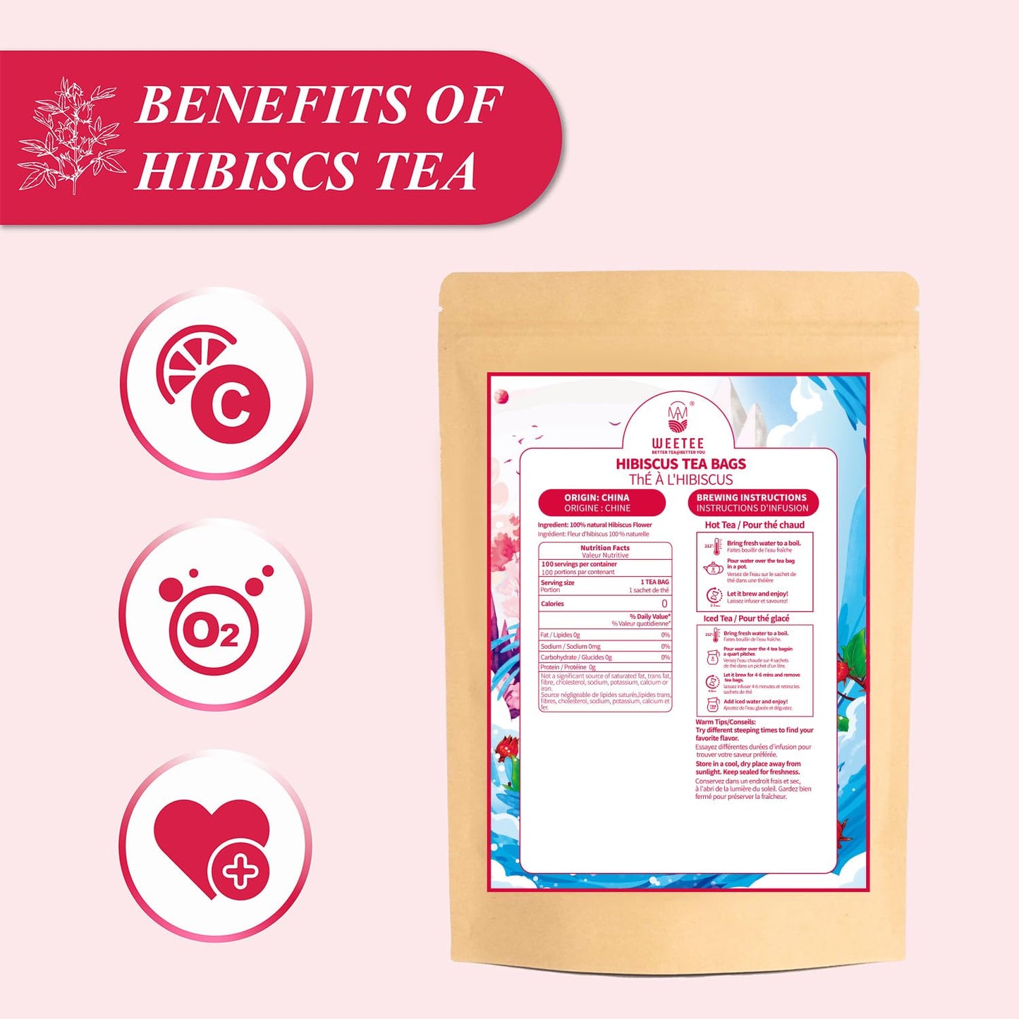 WT WEETEE Hibiscus Tea Bags 100ct, Cold Brew Friendly Pure Hibiscus Flowers