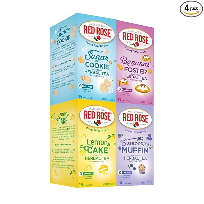 Red Rose Sweet Temptation New Flavors Variety Pack: Blueberry Muffin, Lemon Cake, Sugar Cookie and Bananas Foster (Pack of 4)