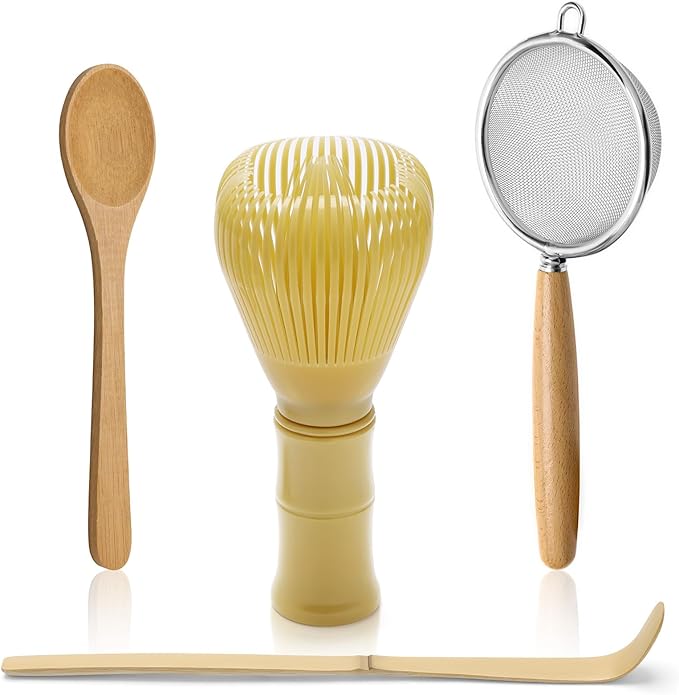 4pcs Matcha Whisk Set - Resin Matcha Whisk, Bamboo Tea Scoop and Tea Spoon, Stainless Steel Sifter Matcha Set Durable Matcha Kit Easy to Clean Matcha Tea Set, Traditional Matcha Starter Kit