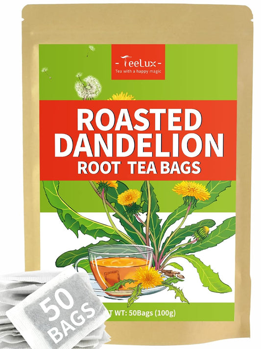 TeeLux Roasted Dandelion Root Tea Bags, Natural Dandelion Herbal Tea, 50ct | Rich Roasted Aroma, Smooth &amp; Mellow Taste, Caffeine Free, Gluten Free, Hot or Iced, Foil-Lined Resealable Pouch