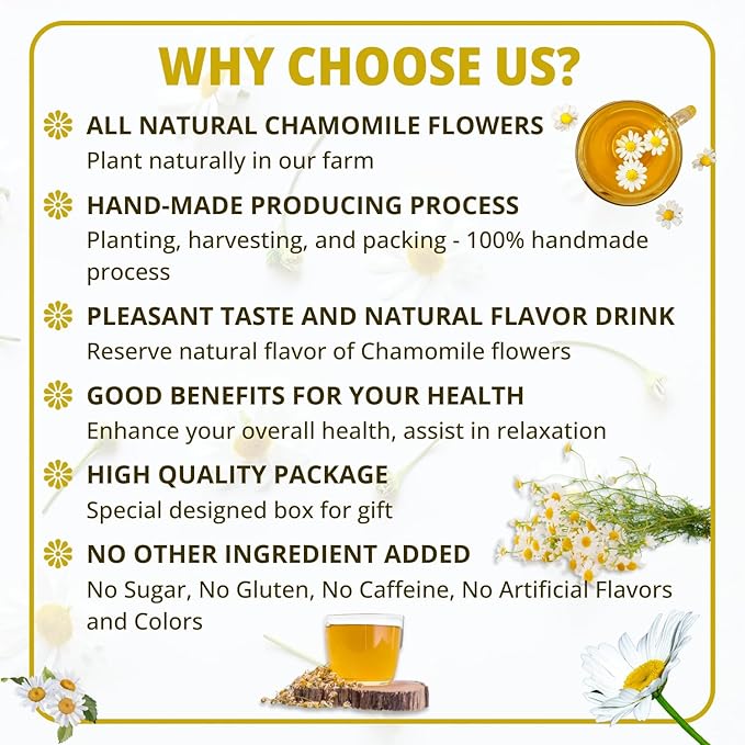 Vida Farm 100 Chamomile Tea Bags, Natural Chamomile Flowers Tea Bags, Dried Herbal Flowers, Sugar Free, Caffeine Free, Gluten Free