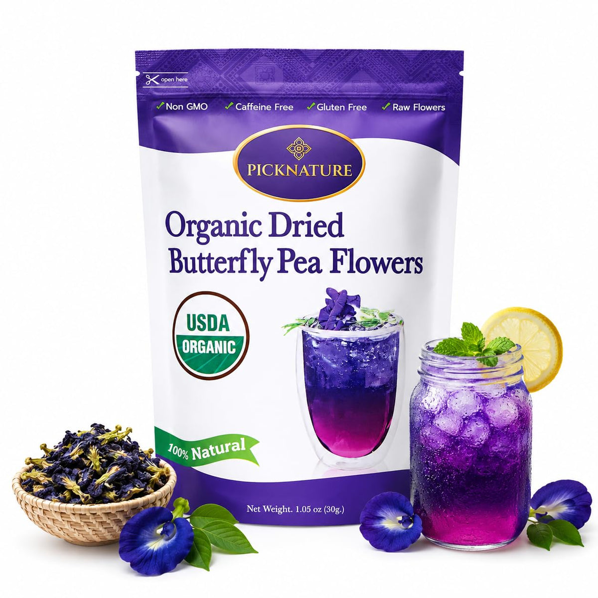 PICKNATURE Organic Butterfly Pea Flower Tea Loose Leaf | Dried Butterfly Pea Flower | Blue Tea Natural Food Coloring | USDA