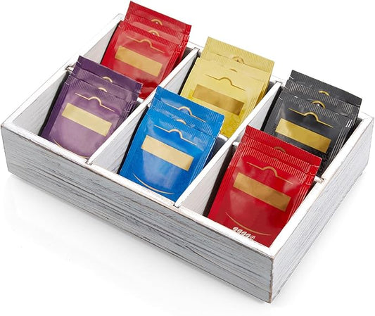DRASTAR Tea Bag Organizer, Small Tea Bag Holder, Tea Storage Containers with 6 Slots, Wooden Sugar Packet Holder, Mini Tea Bag Caddy Box for Countertop, Retro White
