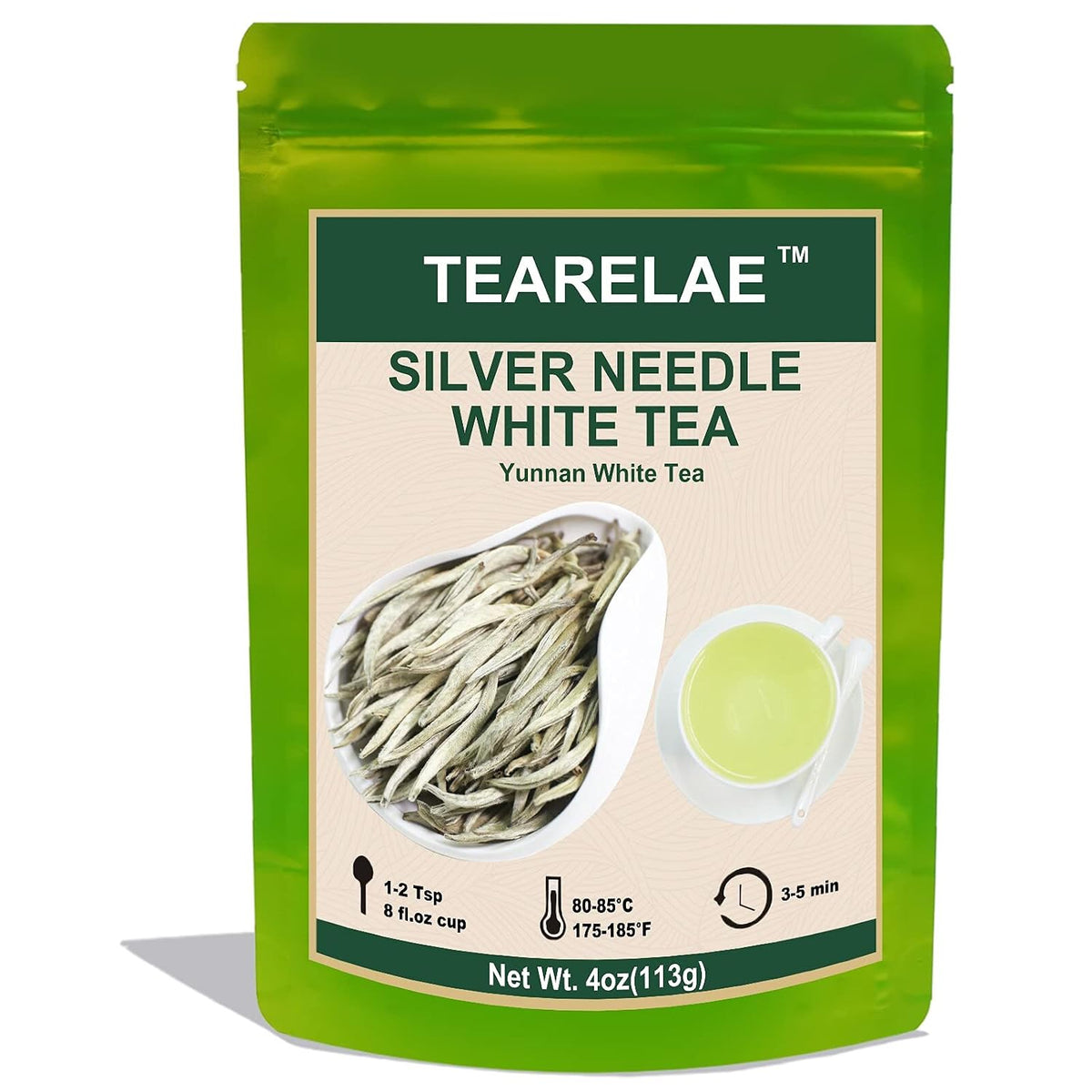 Tearelae - Silver Needle White Tea Loose Leaf - 4oz/113g - Chinese Yunnan Premium Loose White Tea Leaves - Bai Hao Yin Zhen - Low Caffeine