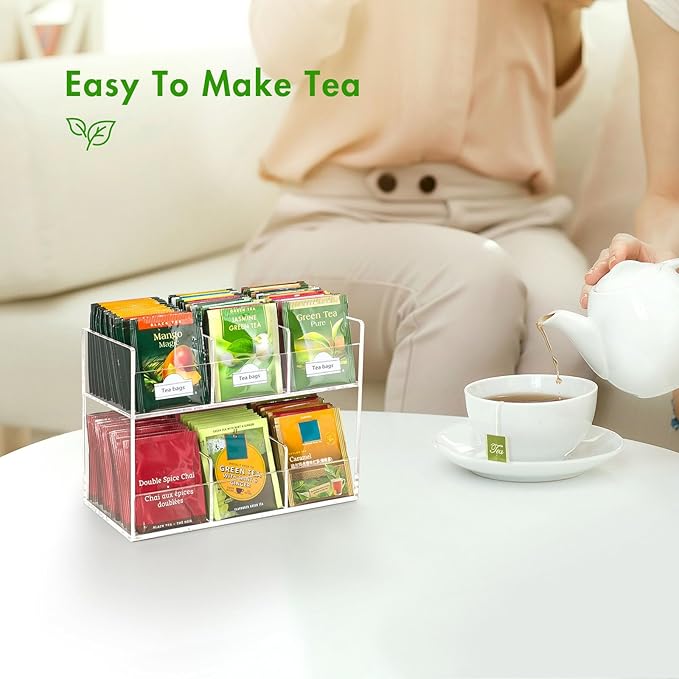 Beygorm Acrylic Tea Bag Organizer for Tea Packets, No Assembly Required Display Holder for Countertop, Vertical Tea Bag Caddy for Cabinet