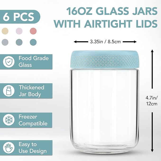 6-pack Overnight Oats Containers with Lids, 16oz Clear Glass Jars with Airtight Lids, Wide mouth Mason Jars, Food Storage Containers for Meal Prep Chia Spice Cereal Snacks Yogurt Salad Pudding Sugar