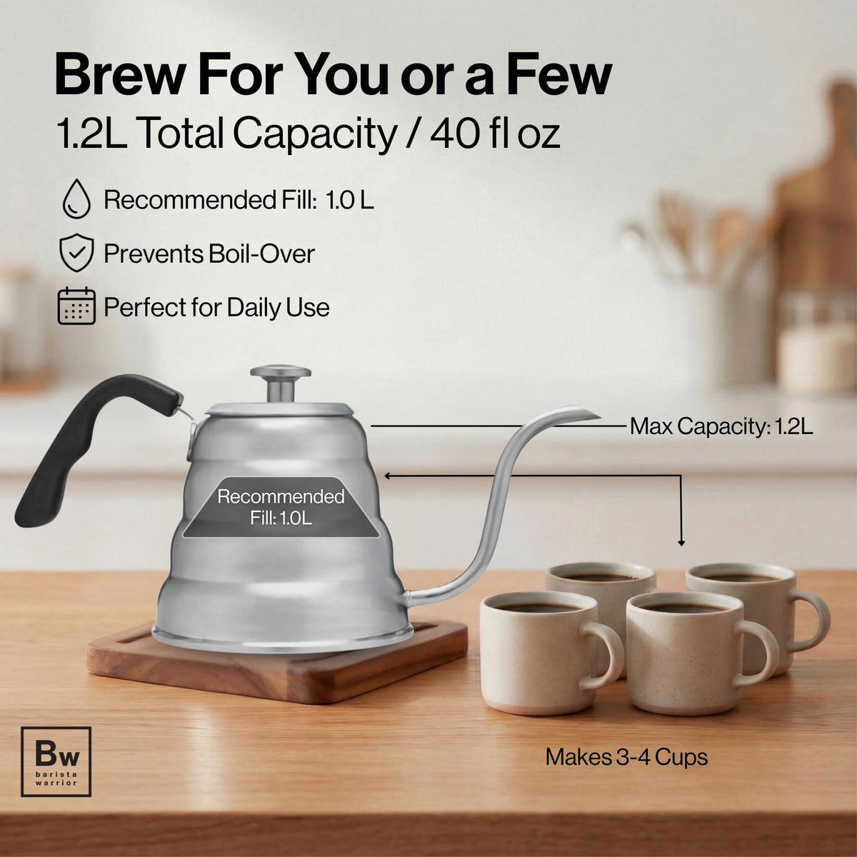 Barista Warrior Gooseneck Kettle, 1.2L Pour Over Kettle, Silver