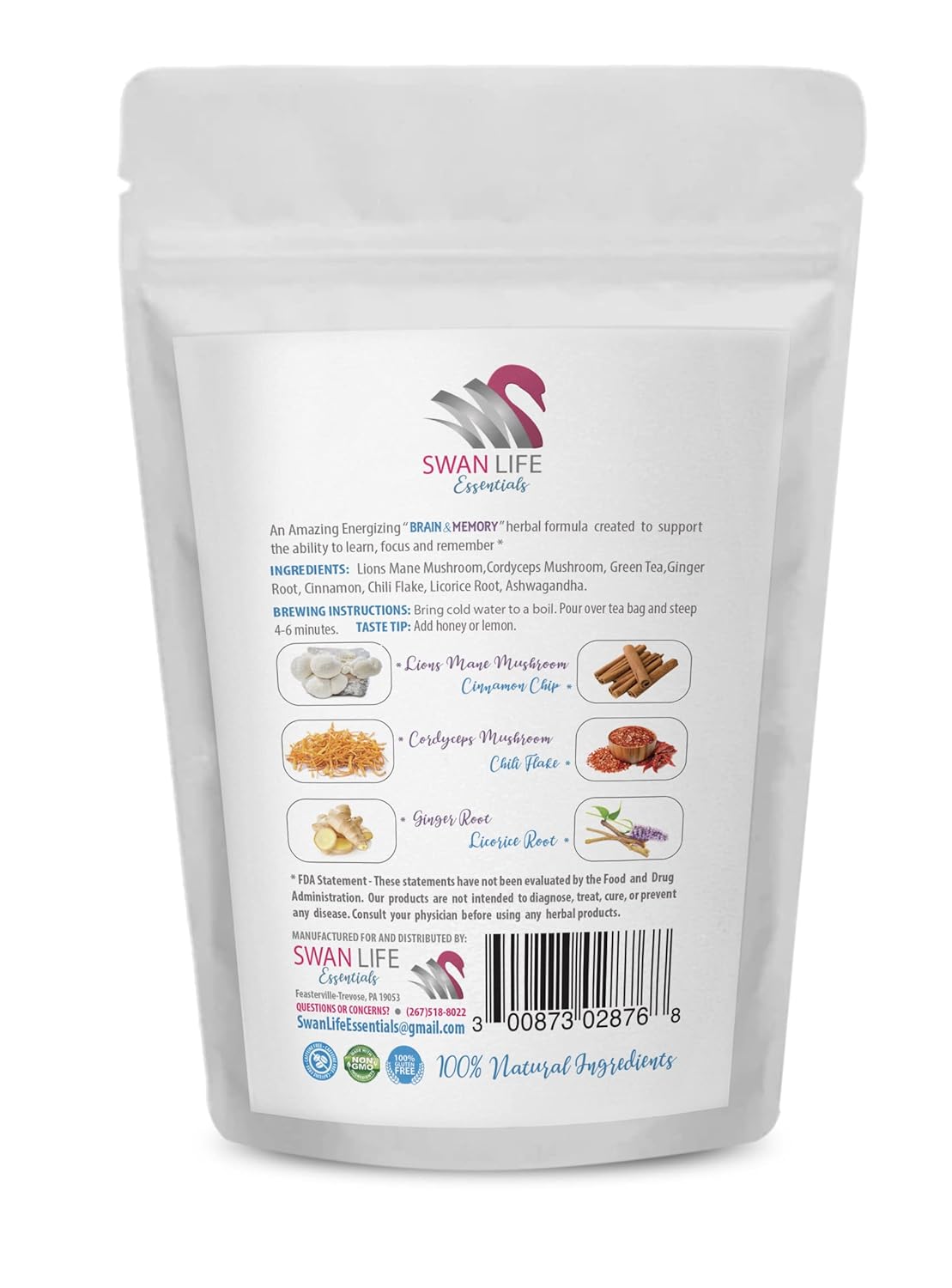 lion mane mushroom tea - memory tea - focus tea - BRAIN AND MEMORY TEA - Cordyceps Mushroom, Green Tea, Ginger Root, Cinnamon, Chili Flake, Ashwagandha Tea, Licorice Root -1 Bag 14 Days