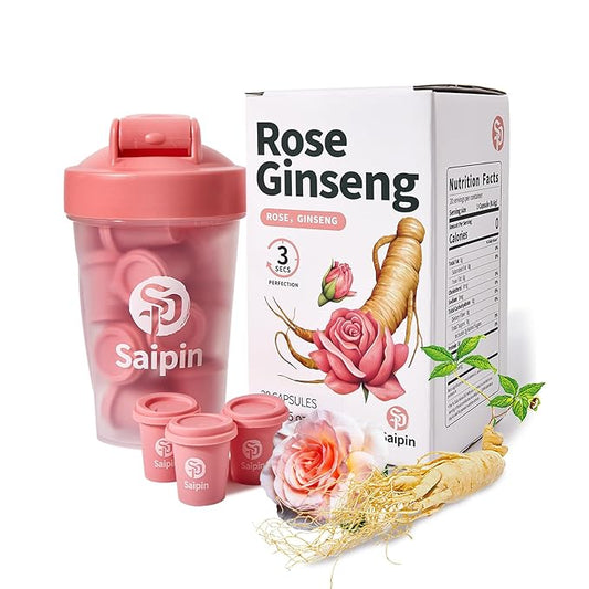SAIPIN Ginseng Rose Tea with Shaker Bottle– Instant Herbal Kidney Tea for Energy & Beauty | 20 Pack Organic Adaptogen Rose Ginseng for Women & Men | Caffeine-Free, Sugar-Free | Detox