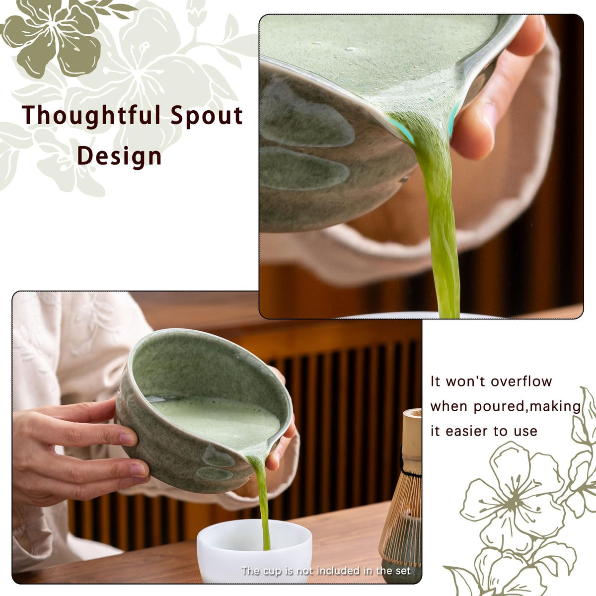 Buucup Matcha Set, Matcha Bowl with Spout, Matcha Whisk and Holder, Bamboo matcha Scoop and Stainless Sifter - 5 Pcs Jade