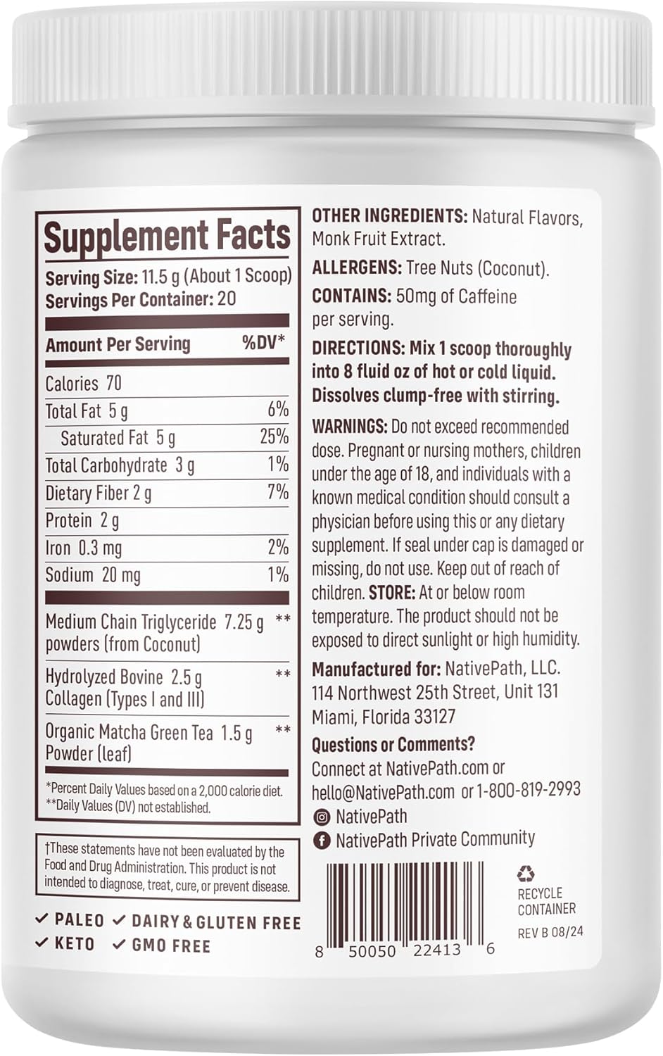NativePath Matcha Latte Collagen Peptides with MCT Oil - Grass-Fed Collagen & Organic Matcha for Energy & Focus - Keto, No Gluten or Dairy (8.1 oz)
