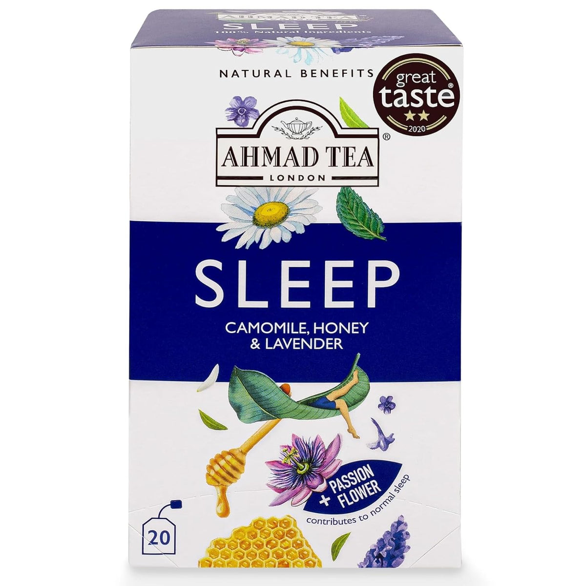 Ahmad Tea Herbal Tea, Camomile, Honey, &amp; Lavender 'Sleep' Natural Benefits Teabags, 20 ct (Pack of 1) - Decaffeinated &amp; Sugar-Free
