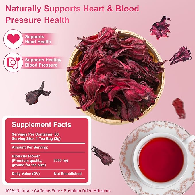 Hibiscus Tea Bags 2g x 60 Teabags | 100% Natural Hibiscus Immune & Antioxidants Support | Tart & Refreshing Herbal Tea | Caffeine-Free