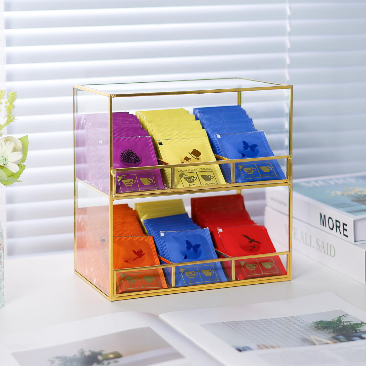 REDHUGO Glass Tea Bag Organizer for Counter, 2-Tier Teabag Organizer Storage Holder for Tea Bags, Glass Caddy Box Containers