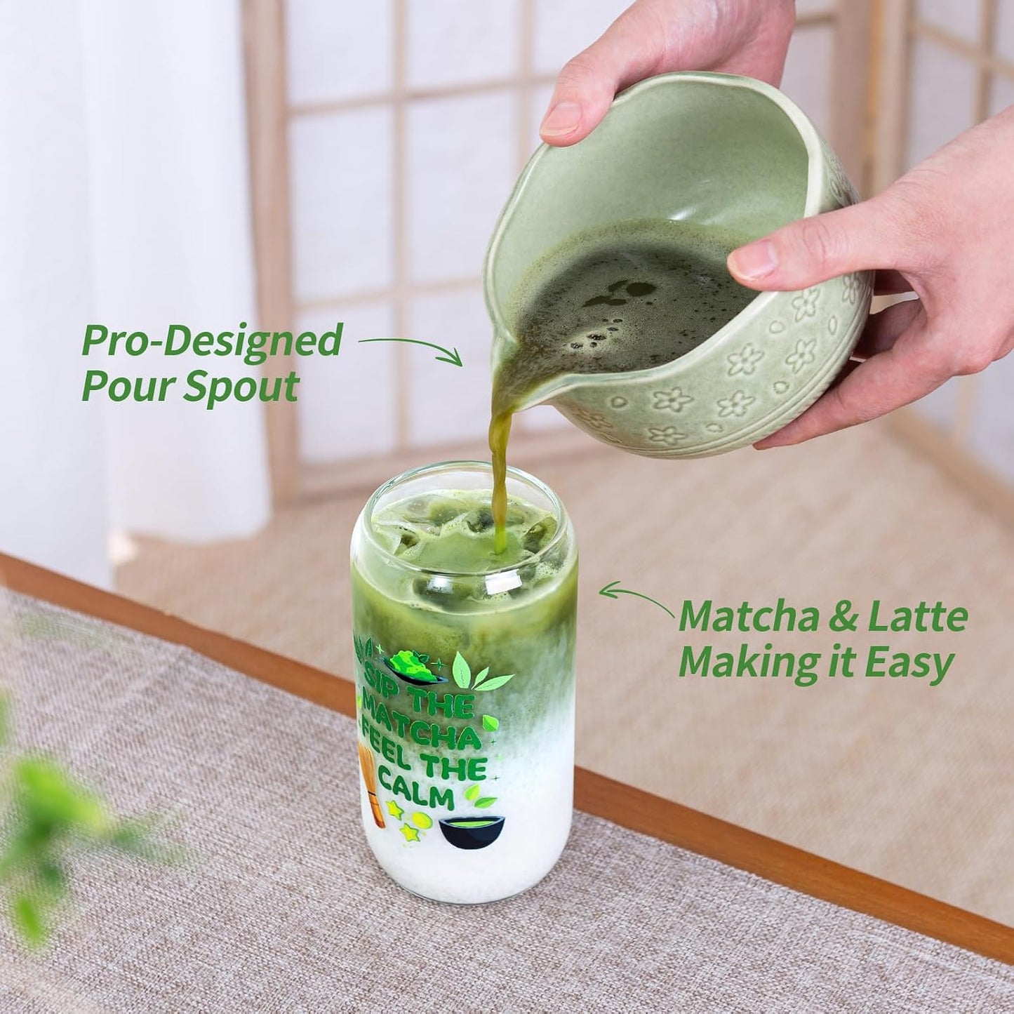 HOTTOR Matcha Whisk Set, 5-Piece Matcha Kit with 18 oz Ceramic Bowl | 18 oz spouted ceramic bowl, bamboo whisk, holder, scoop and stainless steel sifter for traditional matcha and creamy lattes
