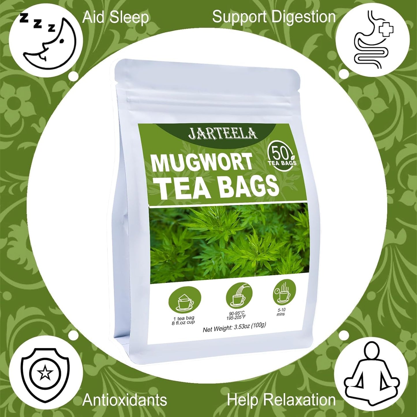 Jarteela - Mugwort Tea Bags, 50 Count, Dried Mugwort Herb Teabags | 100% pure mugwort herb, caffeine-free and Non-GMO. Earthy and smooth, ideal for daily hot or iced artemisia tea.