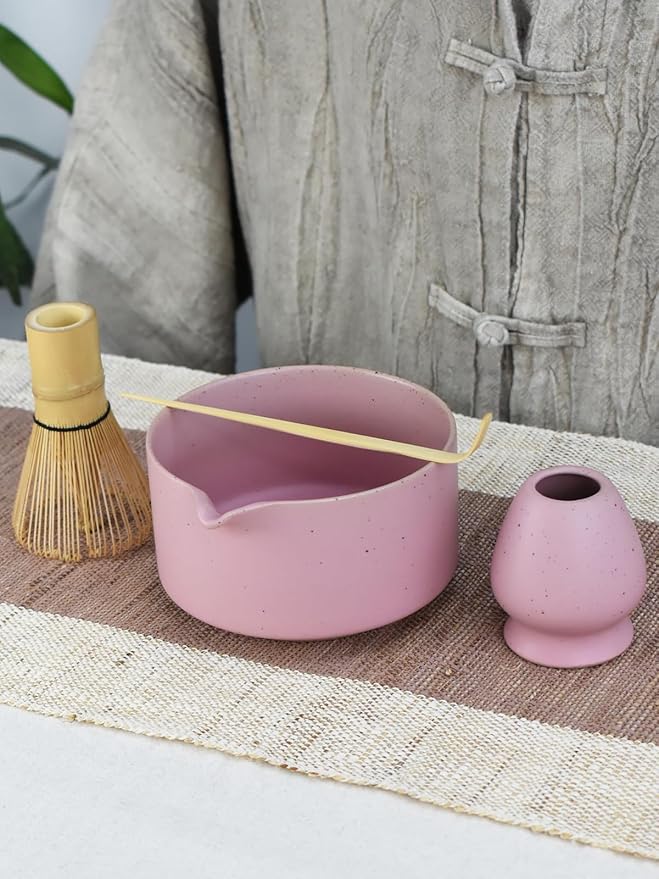 Artcome Matte Pink Matcha Bowl Set with Spout – Handmade Ceramic Chawan, Bamboo Whisk, Whisk Holder, Tea Scoop, and Matcha Manual