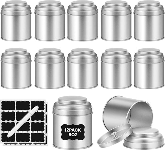 TRISCO Tea Tin with Airtight Double Lids for Loose Leaf Tea Storage, 8 Oz Kitchen Small Tin Can and Tea Canister for Tea Coffee Sugar Candy Spices (12 Pcs) | Capacity 8 Oz Liquid, Kitchen Small Tin Can and Tea Canister, for Tea Coffee Sugar Candy Spices,