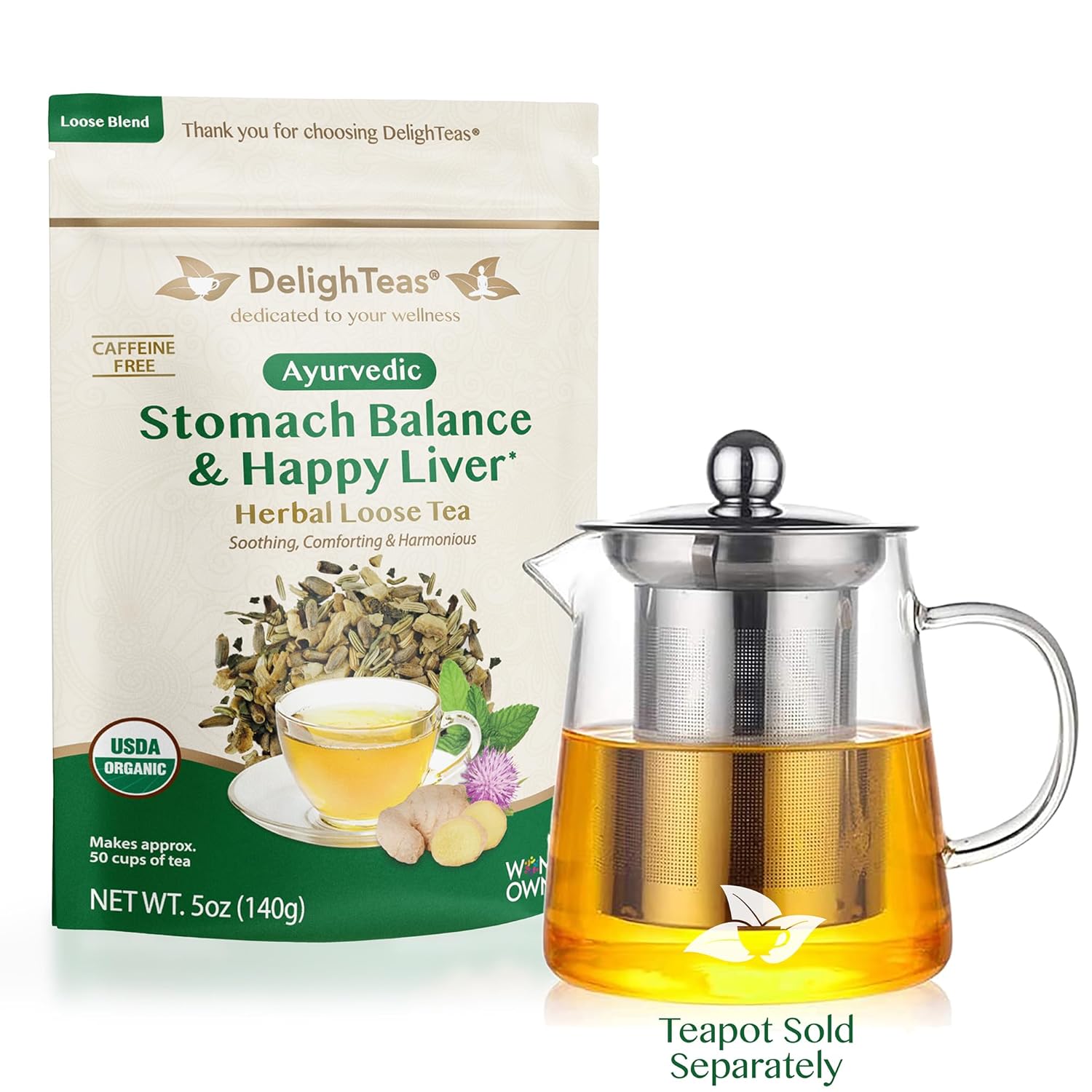 DelighTeas Stomach & Liver Tea | Ayurvedic Herbal Blend for Digestion | Organic Milk Thistle, Fennel, Ginger, Peppermint & Licorice | Vegan, Caffeine-Free, Sugar-Free | Loose Leaf, 50 Servings, 5oz