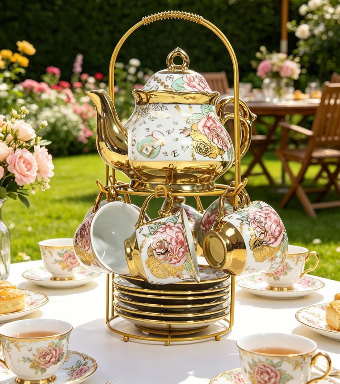 CHANOON Vintage StyleGold-Plated Red Rose Ceramic Tea Set Serving 6 People